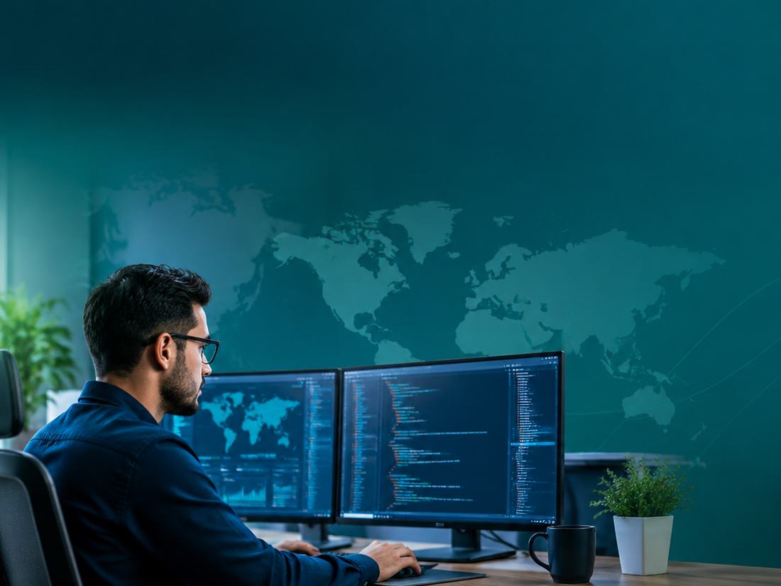 An IT specialist working at a desk with several monitors