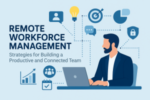 Illustration of a man at a laptop with icons of a lock, chat, lightbulb, and graph, symbolizing remote workforce management strategies. Tone: professional.