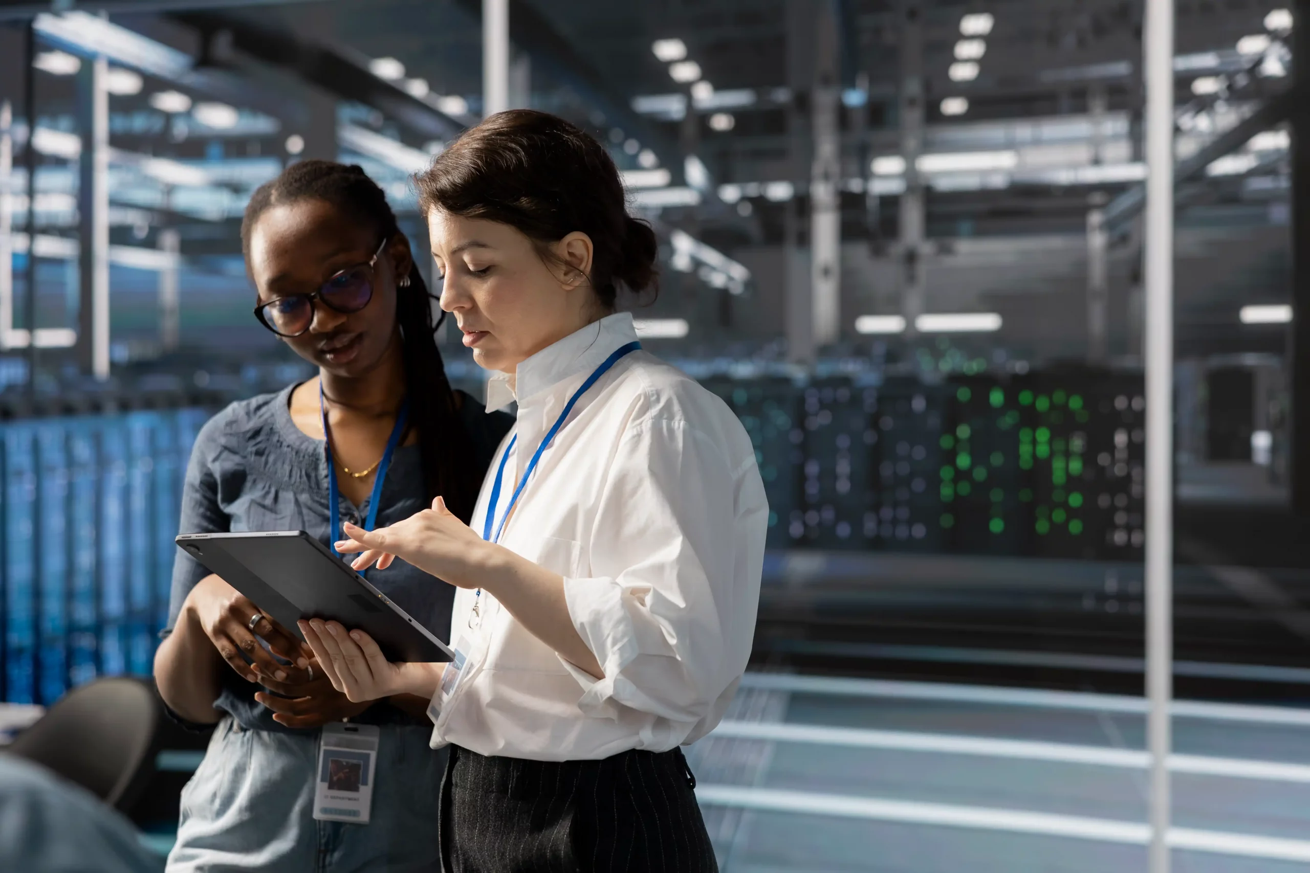 Two women in a server room examining a tablet, surrounded by servers and technology equipment.