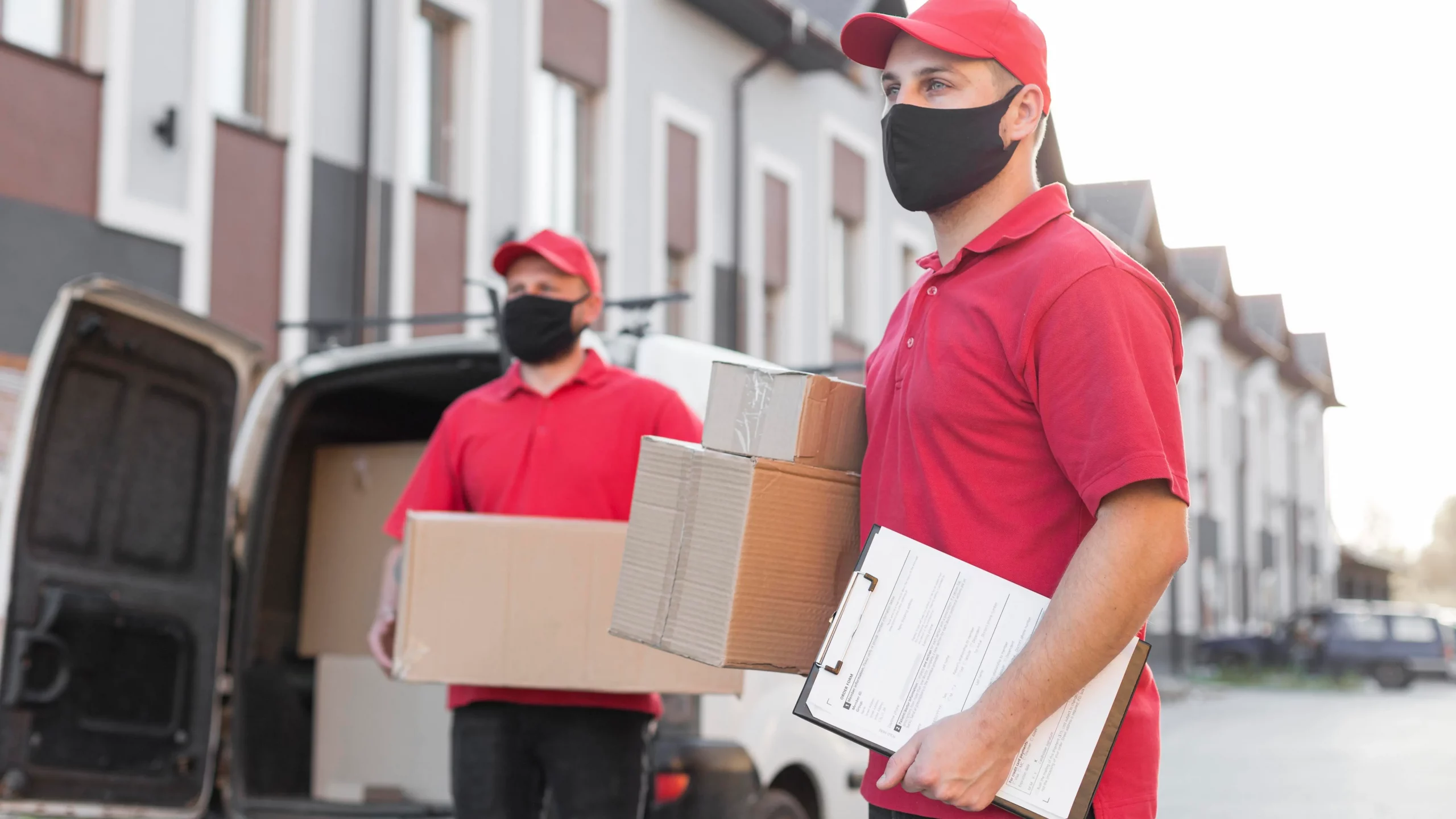 Two delivery workers in red shirts handle packages outside a van, with residential buildings in the background.